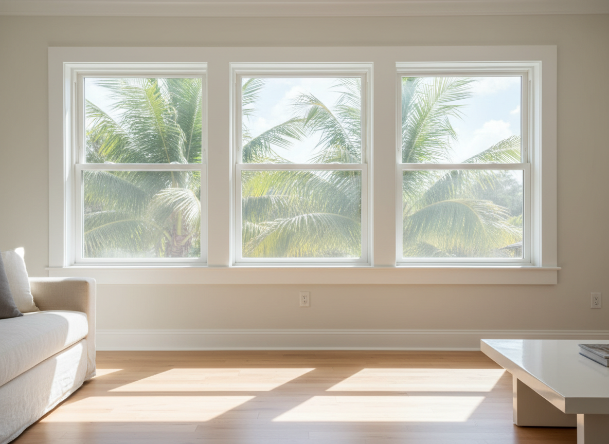 window repair A wide, photographic view of a bright, coastal-style living room featuring a series of large, flawlessly repaired windows framed in smooth white wood, aligned along one wall. Outside, slightly blurred palm trees and a hint of blue sky suggest Vero Beach without stealing focus. Soft morning sunlight streams through the spotless glass, casting gentle, defined rectangles of light on a pale hardwood floor. The interior is uncluttered, with neutral walls and minimal furnishings kept out of primary focus. The composition uses the rule of thirds, drawing the eye along the row of windows to emphasize clarity and uniformity. The mood is reassuring and fresh, highlighting the quality of the window repair work in a clean, professional, photographic realism style.