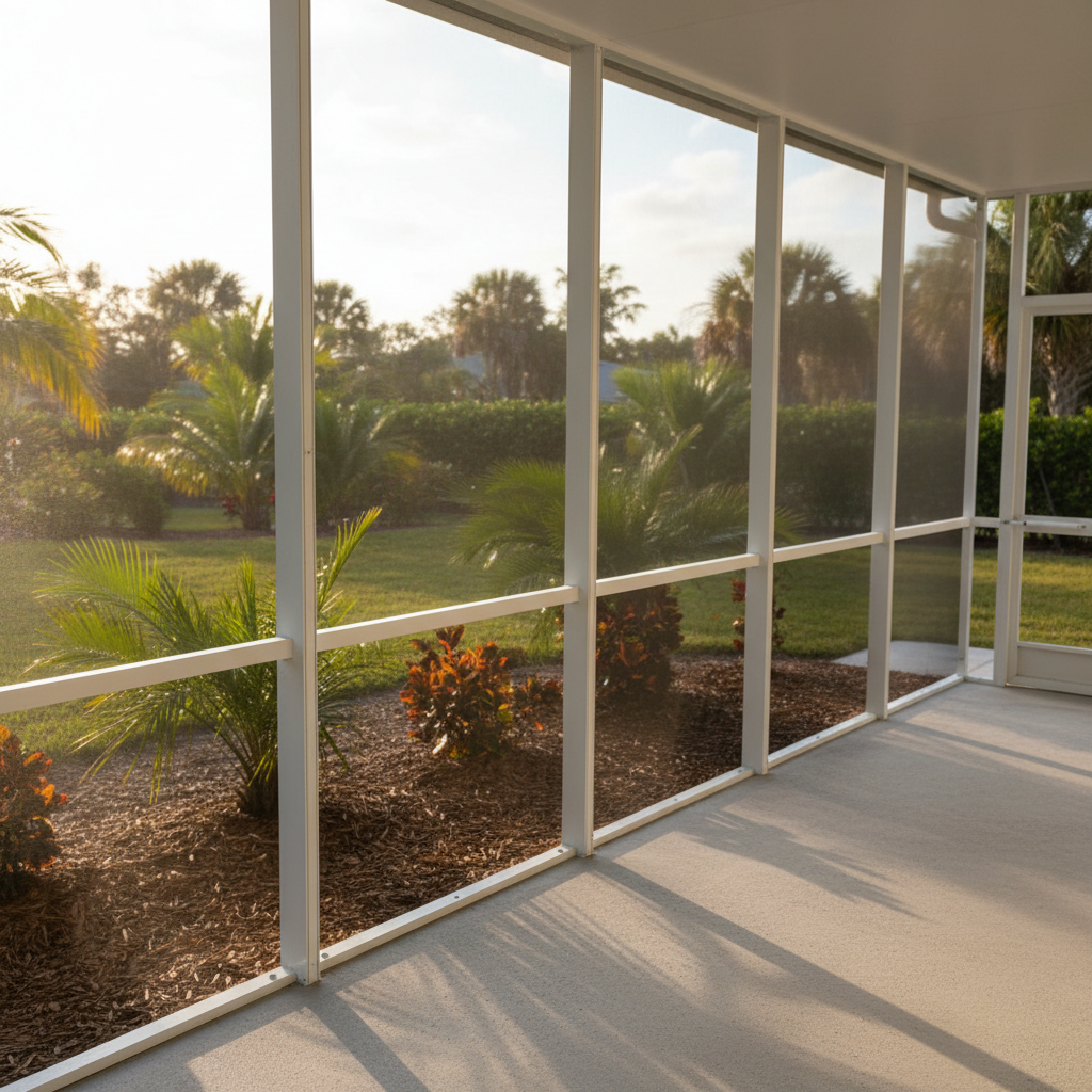A serene, photographic scene of a screened-in Vero Beach patio featuring a fully restored screen enclosure. The fine, dark mesh panels are perfectly taut within freshly painted white aluminum frames, forming clean vertical and horizontal lines. Beyond the screens, a softly blurred view hints at lush tropical landscaping and a distant, sunlit sky. Late afternoon golden light filters through the mesh, creating a gentle, patterned shadow on the smooth concrete floor. Shot from a slightly elevated angle to capture the expanse of the enclosure, the composition emphasizes the uniformity and integrity of the screening. The mood is calm, breezy, and secure, conveying how professional screen repair protects the home while preserving an open, coastal outdoor feel with crisp, realistic detail.