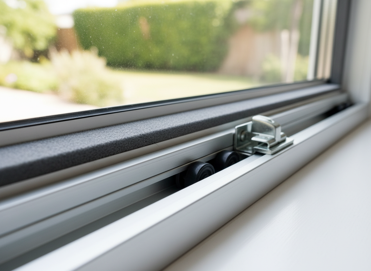 A detailed, photographic realism close-up of an aluminum-framed sliding window track that has just been expertly serviced. The silver metal track is immaculate, free of dirt and corrosion, with the small roller wheels, locking mechanism, and weatherstripping all clearly visible and in perfect condition. The window glass above catches soft, diffused daylight, hinting at a quiet backyard in creamy blur. Captured from a low, angled macro perspective, the composition emphasizes precision, craftsmanship, and cleanliness. Gentle side lighting from a nearby window creates fine highlights along the metal edges and subtle shadows in the grooves, giving depth and a professional, technical feel. The atmosphere is meticulous and reliable, ideal for showcasing expertise in window mechanics and repair details.