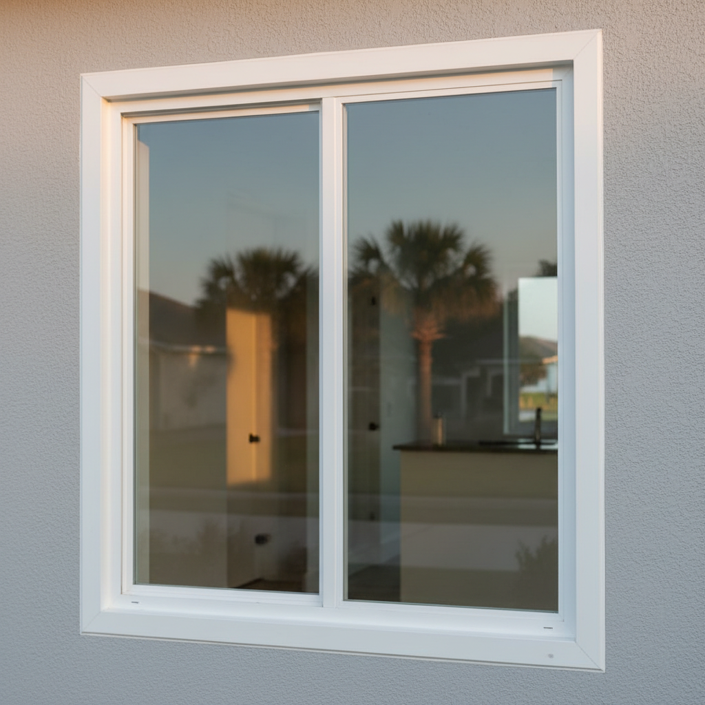 A close-up, photographic realism scene of a freshly repaired residential window, its crystal-clear double-pane glass set in a smooth, white vinyl frame with crisp edges and flawless caulking. The window is centered in a light gray stucco exterior wall of a coastal Vero Beach home, with a hint of manicured greenery softly blurred in the background. Late afternoon natural light reflects gently off the glass, revealing a subtle, clean interior beyond without distractions. The mood is professional, trustworthy, and calm. Shot at eye level with a slight angle to showcase the pristine seals and straight lines, using a shallow depth of field that keeps the window in sharp focus while softly softening the surrounding façade for a clean, modern look.