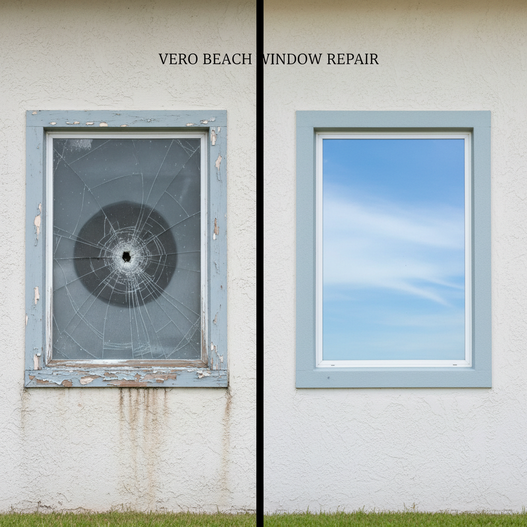 A before-and-after style, photographic realism composition of a storm-damaged window versus its professionally repaired counterpart, presented as two adjacent window sections in the same frame. On the left, a cracked, foggy pane with peeling, faded frame paint and deteriorated sealant set in a light-colored stucco wall, under soft overcast light. On the right, a pristine replacement with flawless, clear glass, fresh caulking lines, and a smooth, repainted frame in matching color, catching clean daylight reflections. The dividing line between the two sections is perfectly vertical, emphasizing contrast. Background elements remain minimal and neutral to keep focus on the transformation. The mood is confident and solution-focused, showcasing the dramatic improvement that expert window repair brings to a Vero Beach home’s appearance and protection.