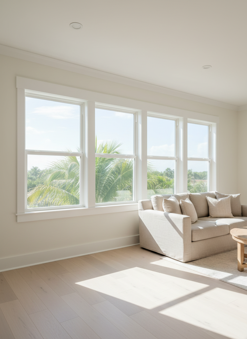 A wide, photographic view of a bright, coastal-style living room featuring a series of large, flawlessly repaired windows framed in smooth white wood, aligned along one wall. Outside, slightly blurred palm trees and a hint of blue sky suggest Vero Beach without stealing focus. Soft morning sunlight streams through the spotless glass, casting gentle, defined rectangles of light on a pale hardwood floor. The interior is uncluttered, with neutral walls and minimal furnishings kept out of primary focus. The composition uses the rule of thirds, drawing the eye along the row of windows to emphasize clarity and uniformity. The mood is reassuring and fresh, highlighting the quality of the window repair work in a clean, professional, photographic realism style.